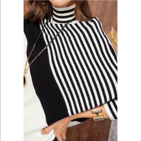 Mock Neck Batwing Striped Knit Sweater - Picture 3 of 6